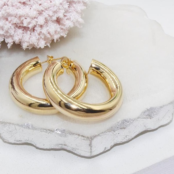 18K Gold Filled Trendy Chunky Hoops | Different Sizes Available, Open Chunky Hoops,