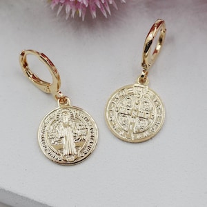 18K Gold Filled St. Benedict Medallion Huggies Earrings