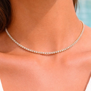Cubic Zirconia Tennis Necklace, Dainty Delicate Choker, 18K Gold Filled
