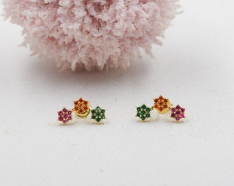 18K Gold Filled Cz Colorful Flower Earring, Cz Flower Stud Earring,