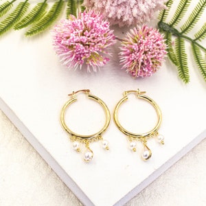 18k Gold Filled White Pearl Hanging Huggie Earrings
