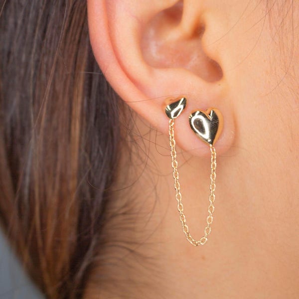Heart Chain Earrings - Double Piercing, 18K Gold Filled