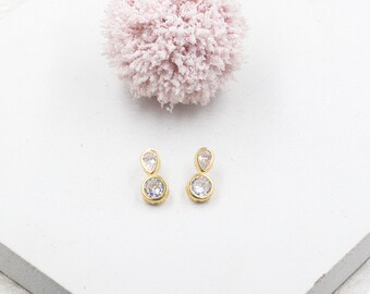 18K Gold Filled Round Zirconia & Tear Drop Earring, CZ Stud Earring, Double Cz Earring