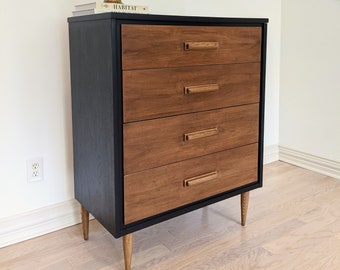 SOLD ** Mid Century Modern Tall Dresser by Bassett/Vintage/Matte Black/Solid Wood