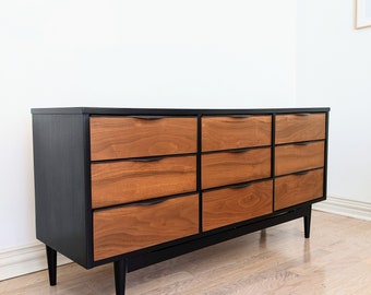 SOLD*** Mid Century Modern Nine-Drawer Dresser/Vintage/Matte Black/Brass Hardware/Solid Wood