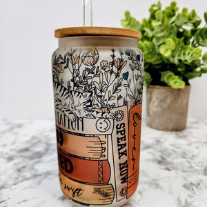Taylor Album Name on Book Covers Tumbler | Customizable Tumbler with Straw | 16oz Beer can Tumbler | Glass Tumbler w/Bamboo lid w/straw
