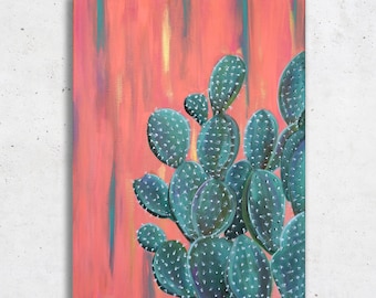 May include: A painting of a prickly pear cactus with green pads against a pink and orange background.