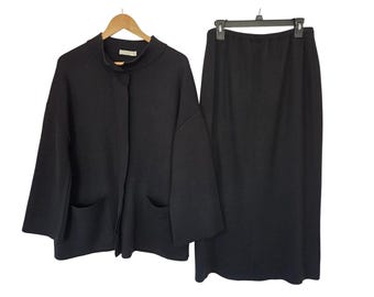 VTG Gispa Skirt Set Knit Mock Neck Jacket Midi Skirt 40/48 Black Made in Italy