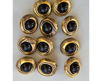 Vintage Lot of 11 Oval Black Gold-Tone Shank Buttons Plastic 12mm