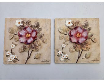 Two Vintage Cheri Blum 3D Floral SquareTiles Wall Plaques  Decoration Ceramid