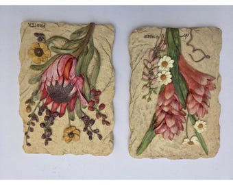 Two Vintage Cheri Blum 3D Floral Tiles Wall Plaques Resin Protea Ginger