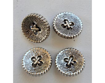 Vintage Lot of 4 Round Silver-Tone Shank Buttons Textured Design Plastic 17mm