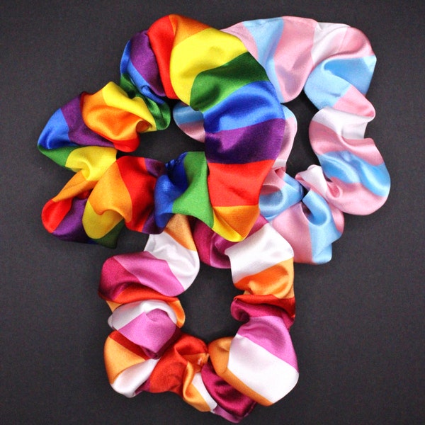 LGBT Scrunchie Silky Satin Pride Flag // Lesbian Gay Transgénero Bisexual Pansexual Nonbinary Asexual Aro // Accesorio para el cabello LGBTQ hecho a mano