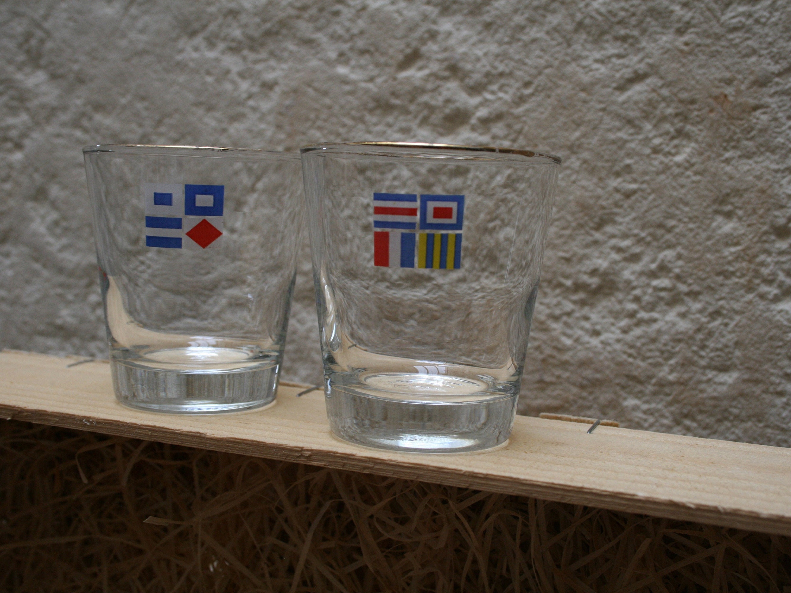 2 Verres Mobil à Motifs de Drapeaux/Verres Publicitaire Collector Glasses Vintage 1970