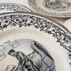 Suite de 6 assiettes parlantes, faïence Choisy-le-Roi, fin XIXème French Antique Collectible Talking Plates image 9