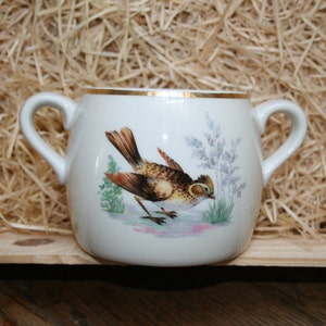 Kleine pot met porseleinen handvatten van de Pillivuyt Manufacture, Frankrijk / Vintage keramiek