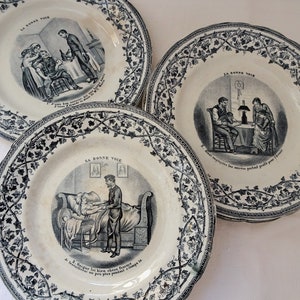 Suite de 6 assiettes parlantes, faïence Choisy-le-Roi, fin XIXème French Antique Collectible Talking Plates image 3