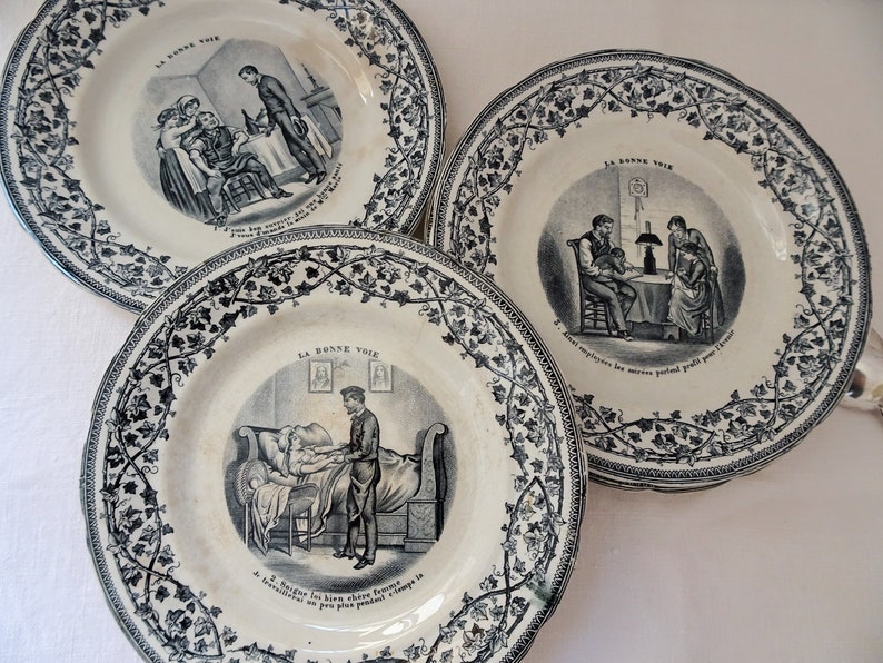 Suite de 6 assiettes parlantes, faïence Choisy-le-Roi, fin XIXème French Antique Collectible Talking Plates image 3