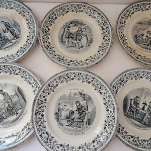 Suite de 6 assiettes parlantes, faïence Choisy-le-Roi, fin XIXème French Antique Collectible Talking Plates image 1