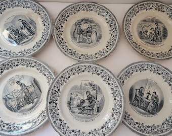 Suite de 6 assiettes parlantes, faïence Choisy-le-Roi, fin XIXème - French Antique Collectible Talking Plates