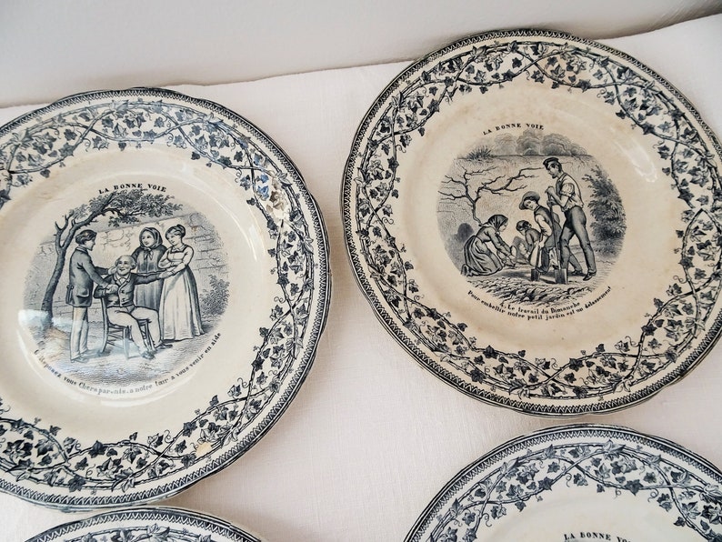 Suite de 6 assiettes parlantes, faïence Choisy-le-Roi, fin XIXème French Antique Collectible Talking Plates image 4