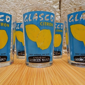 6 Rare vintage Glasco Citron Monin glasses - Monin advertising glasses - Vintage French advertising glasses - Vintage bistro glasses
