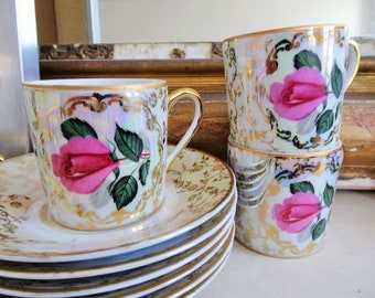 Fine porcelain coffee service / coffee cups and saucers / Vintage porcelain coffee service / Roses pattern