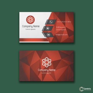 May include: Red and white business card with a geometric pattern and a white logo of interlocking circles. The text on the card reads "Company Name" and "Lorem ipsum". The card also includes contact information: a phone number, an address, and an email address.