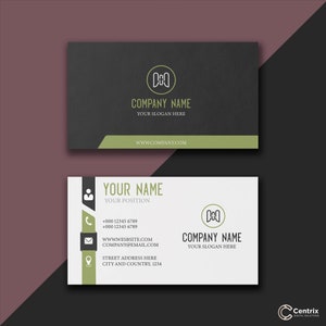 May include: Black and white business card with green accents. The card features the company name "000 Company Name" and the slogan "Your Slogan Here". The card also includes contact information, including a website address, phone number, and email address.