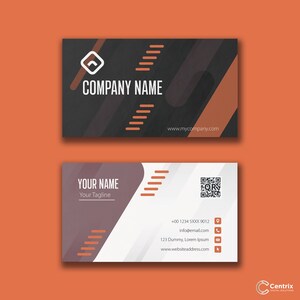 May include: A black and white business card with orange accents. The front of the card has the text "COMPANY NAME" and a website address. The back of the card has the text "YOUR NAME", "Your Tagline", a QR code, a phone number, an email address, a street address, and a website address.