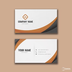 May include: A white business card with a black and orange curved design. The card has the text "COMPANY NAME" and "Lorem Ipsum" on the top and "YOUR NAME" and "Lorem Ipsum" on the bottom. The card also includes contact information: a phone number, email address, and a street address.