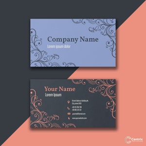 May include: A business card with a dark gray background and a decorative floral design in pink. The card includes the company name "Company Name", the tagline "Lorem ipsum dolor", and contact information for "Your Name".