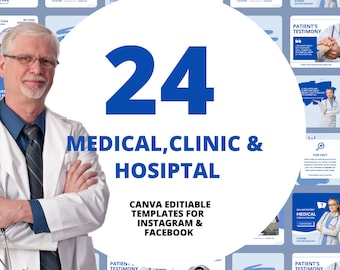 24 Modello di post Instagram per clinica medica e ospedale, modello Canva, studio medico, Instagram Canva, feed Instagram, modello medico, IG