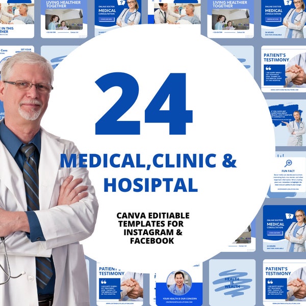 24 Modèle de publication Instagram pour clinique médicale et hôpital, modèle Canva, bureau de médecin, Instagram Canva, flux Instagram, modèle médical, IG