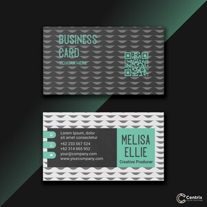 May include: A black and white business card with a green wave pattern. The card has the text "BUSINESS CARD" and "SLOGAN HERE" at the top. The bottom half of the card has contact information for Melisa Ellie, Creative Producer, including a phone number, email address, and website. A QR code is in the top right corner.