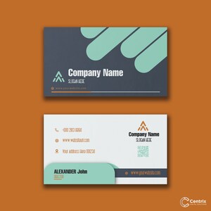 May include: A business card with a dark gray background and a teal blue geometric design. The card features the text "Company Name" and "Slogan Here" in white. The contact information includes a phone number, website address, and physical address. The card also includes a QR code and the name "ALEXANDER John" with the title "DIRECTOR".