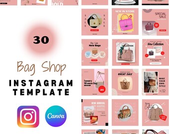 Modello di contenuto per social media del negozio da 30 borse Feed Instagram, contenuti di marketing per i social media, branding aziendale, modello modificabile per Instagram