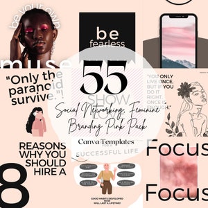 May include: A pink and white graphic design with the text "55 Show Social Networking. Feminine Branding Pink Pack Canva Templates for a Successful Life" and the text "You only live once, but if you do it right, once is enough."  The graphic also includes a pink and white illustration of a woman's face and a pink and white illustration of a flower.