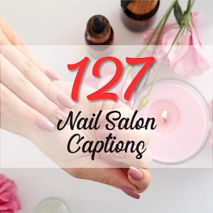 Peut inclure: Gros plan sur des mains avec un vernis à ongles rose et or. L'image comprend le texte "127 Nail Salon Captions".