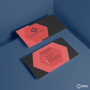 May include: A black and red business card with a hexagonal design. The card features the company name "Company Name" and the contact information for "Your Name".