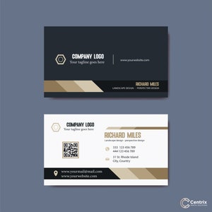 May include: A black and white business card with a gold company logo and the text "COMPANY LOGO" and "Your tagline goes here". The card also includes the name "RICHARD MILES" and the text "Landscape design - perspective design". The card includes contact information with phone numbers, an address, and website information.