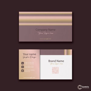 May include: A business card with a pink and gold gradient design. The front of the card has the text "Company Name" and "Your Slogan here". The back of the card has the text "Your name", "Graphic Design", and "Brand Name".
