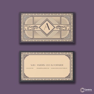 May include: A business card with a vintage design featuring a decorative border and the letter "A" in a diamond shape. The card includes the name "Will Anders", the title "CEO & Founder", contact information, and the address "123 Main Avenue, Elitas Tower, NY".
