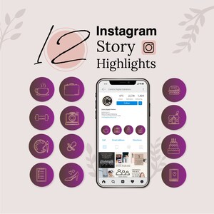 以下が含まれることがあります： 「Centrix Digital Solutions」という名前のInstagramプロフィールと、コーヒーカップ、スーツケース、ダンベル、カメラ、パレット、おしゃぶり、チェックリスト、ハイヒール、ハンバーガー、家、誕生日ケーキ、ハートなど、さまざまなデザインの紫と金のアイコンが並んだスマートフォン画面。画面の上には「Instagram Story Highlights」というテキストが表示されています。