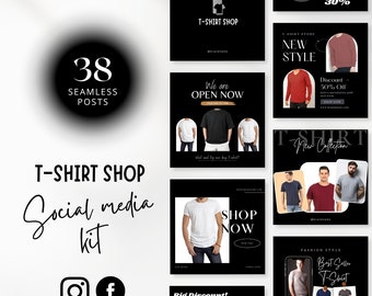 38 T-shirt Shop Services Pacchetto modello post Instagram per social media negozio di magliette stampa di tshirt in rilievo, tipografia, piccole imprese
