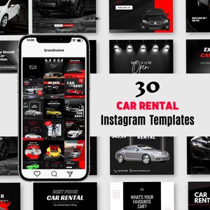 Może przedstawiać: Zbiór 30 szablonów na Instagram dla firm wynajmujących samochody. Szablony mają czarną i czerwoną kolorystykę z obrazami samochodów i tekstem takim jak "Wynajem samochodów", "Najlepsza cena", "Jesteśmy teraz otwarci" i "Jaki jest Twój ulubiony samochód?"