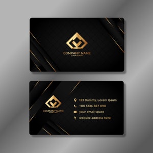 May include: Black and gold business card with a geometric logo and contact information. The text reads "COMPANY NAME LUXURY SLOGAN" and includes a phone number, email address, and website address.