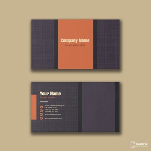 May include: A business card with a dark gray background and a textured pattern. The card has a red and orange stripe down the middle. The text on the card reads "Company Name" and "Lorem ipsum dolor". The bottom half of the card has the text "Your Name" and "Lorem Ipsum" in a smaller font. The card also includes contact information such as a street address, phone number, email address, and website.