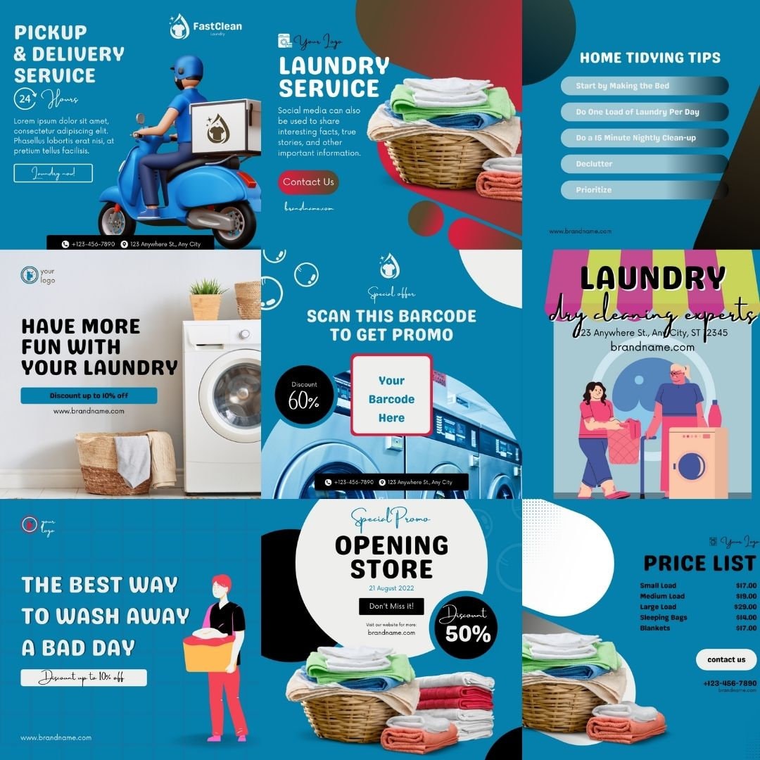 30 Laundry Business Social Bundle Canva Templates Facebook Branding Kit ...