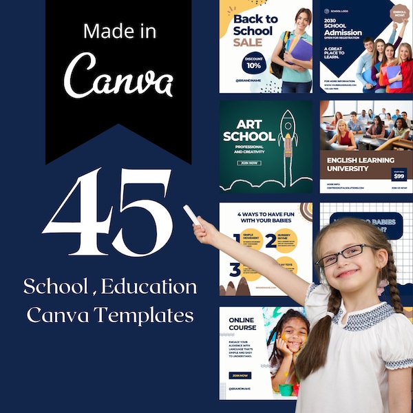 45 Education Social Media Kit, School Templates, Back to School, Canva Template, Instagram Post Template, Branding Kit, Infographic, IG Feed